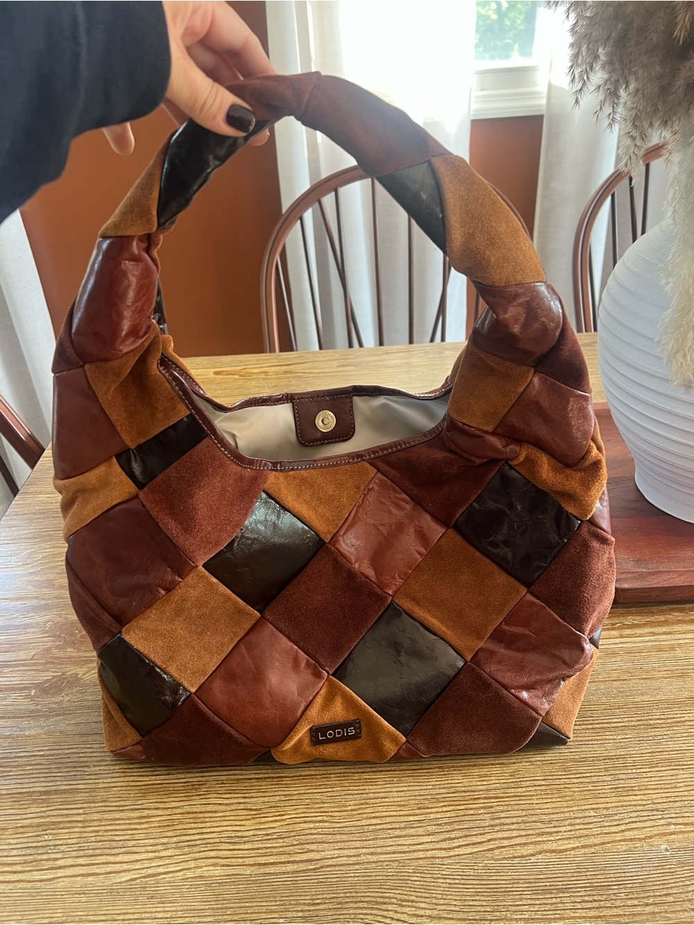 Lodis Patchwork Shoulder Bag in Brown and Tan